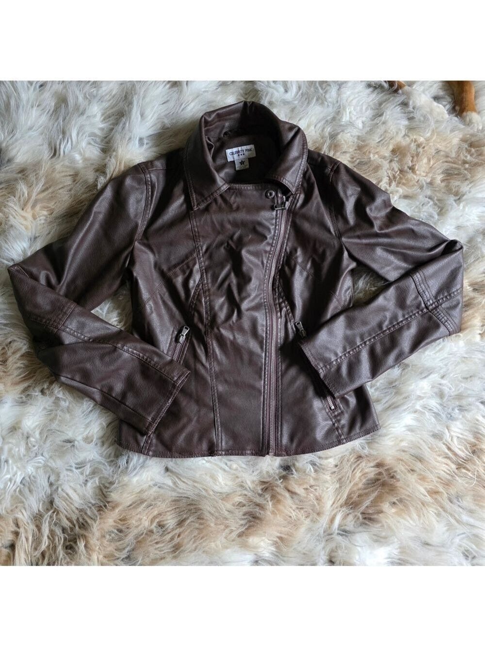Celebrity Pink Faux Leather Moto Jacket Chocolate Brown